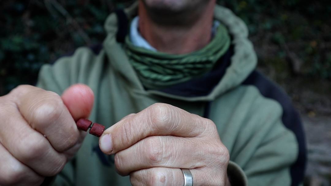 An angler in a green hoodie and neck gaiter holds two small red cylindrical baits on a thin needle between their hands.